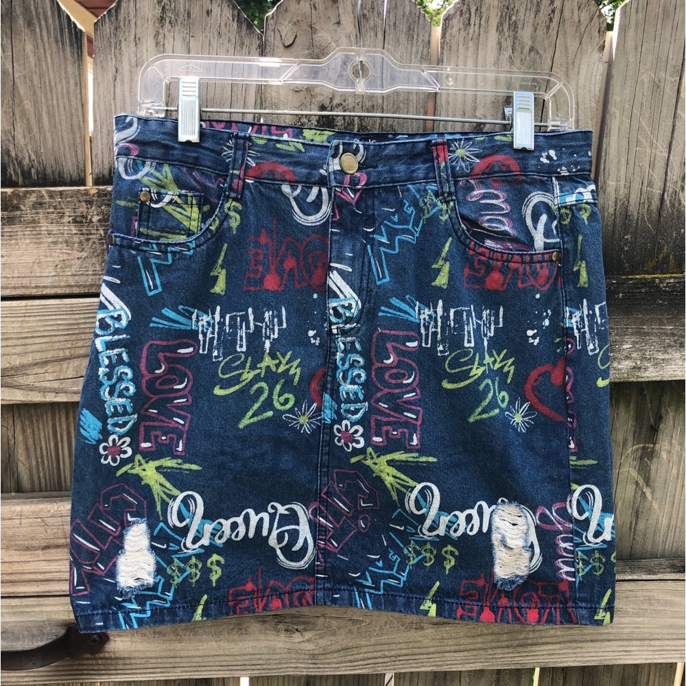 Girls Graffiti Print Denim Skirt